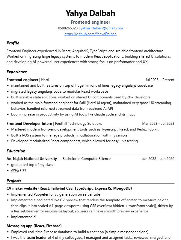 Professional CV template made with the AI CV maker